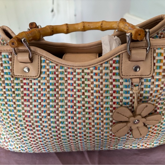Multicolor Woven Tote Bag with Bamboo Handle - Picture 1 of 6